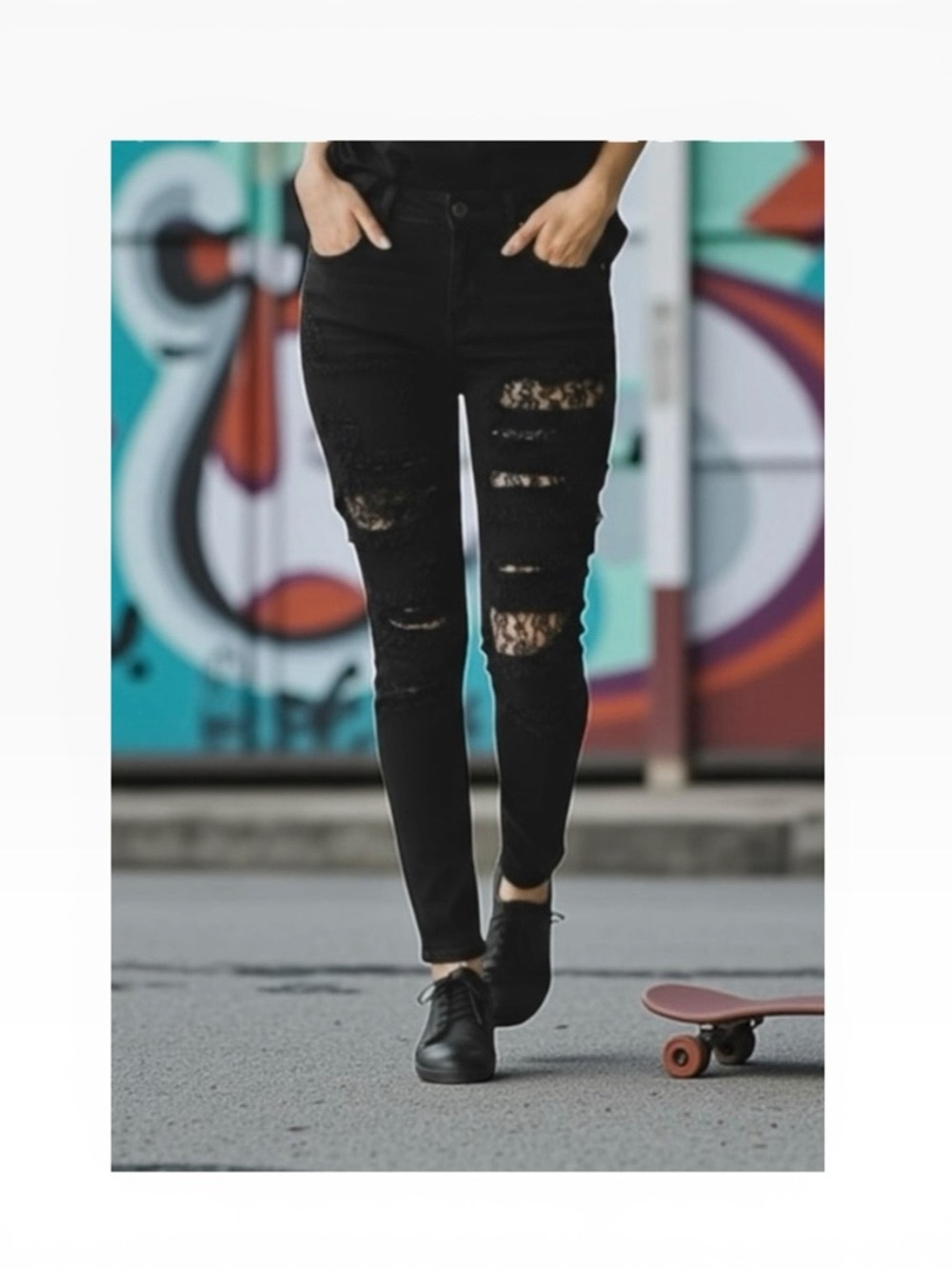 LF Carmar ❉ Skinny Shredded Rips Stretch Jeans ❉ Lace Patches ❉ Jet Black ❉ 25 ❉